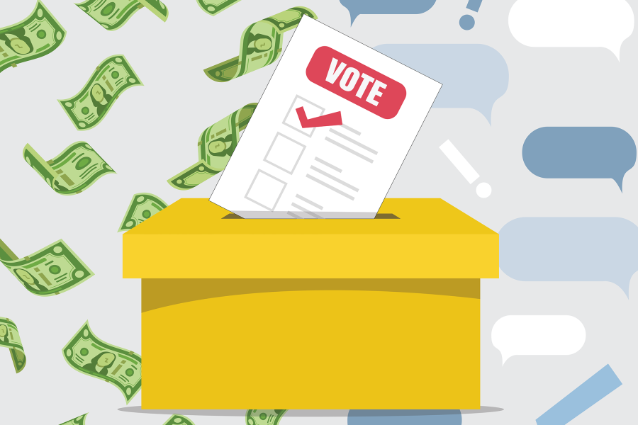 An image of a ballot box with a ballot being inserted, superimposed over a screen of dollar bills falling and chat bubbles on the other side.
