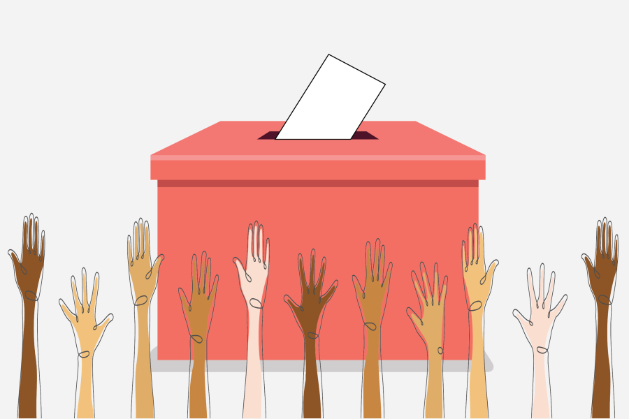 Illustration of many upstretched arms with open hands in front of a ballot box with a ballot partially inserted.